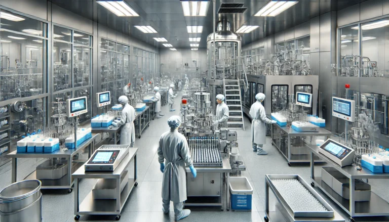 A detailed and realistic depiction of a pharmaceutical manufacturing department focused on injectable drug production. The scene includes a cleanroom