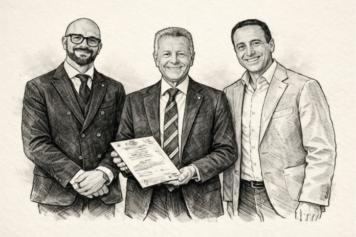 Ritratto editoriale in bianco e nero di tre dirigenti del settore farmaceutico durante la consegna della certificazione per la parità di genere ad Abiogen