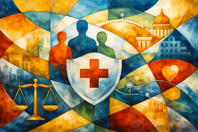 Immagine astratta orizzontale che evoca il rapporto tra salute pubblica, istituzioni e governance multilivello.